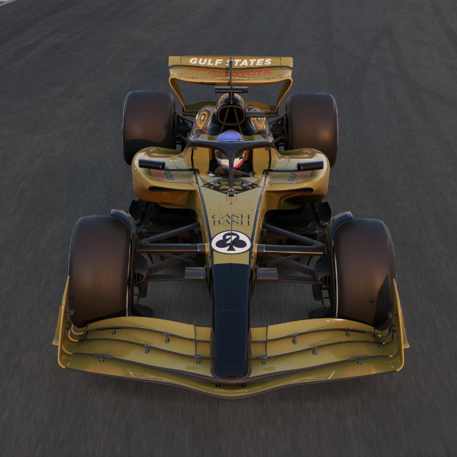 Top down view of a Formula 1 car on a track with 'Toyota Gulf States' branding