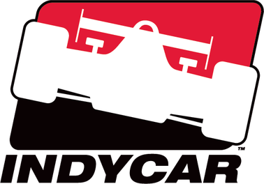INDYCAR logo with a white race car on a red and black background