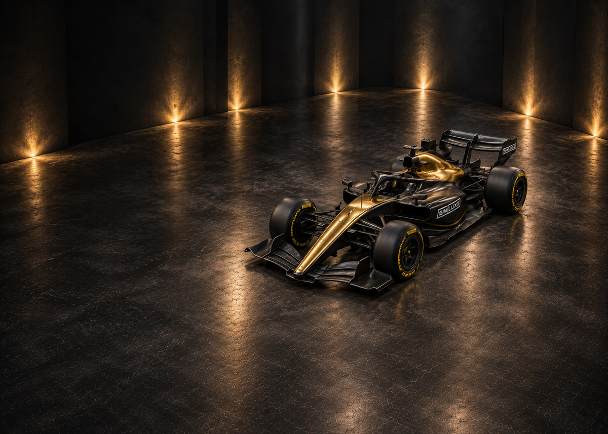 Overhead view of a black and gold Sim Luxx F1 show car
